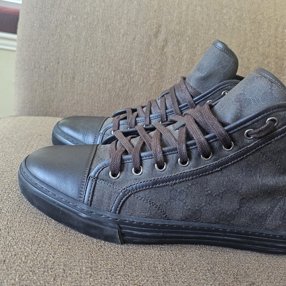 Gucci Brown Monogram High-Top Canvas Sneakers Gucci Size 8/US 8.5 - Picture 13 of 15